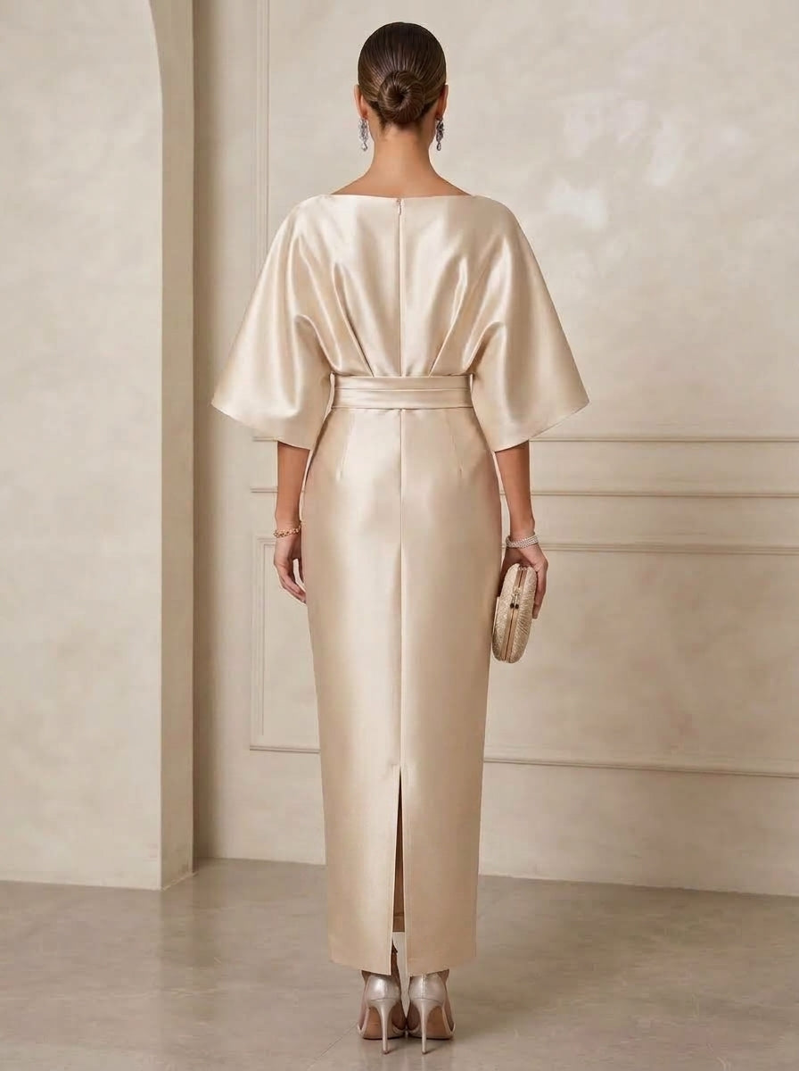 Sheath/Column Boat Neck Satin Cocktail Dresses with Sash Half Sleeves Ankle-Length Ruched Party Dresses