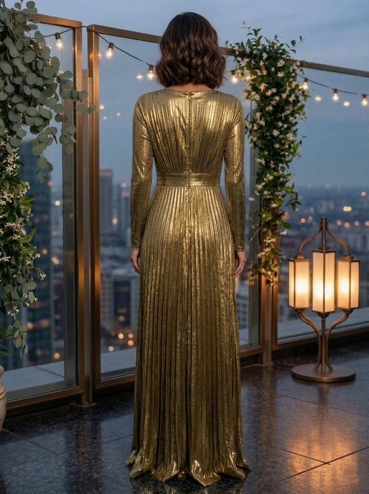 A-Line/Princess V-Neck Metallic Evening Dresses Floor-Length Pleated Long Sleeves Formal Dresses