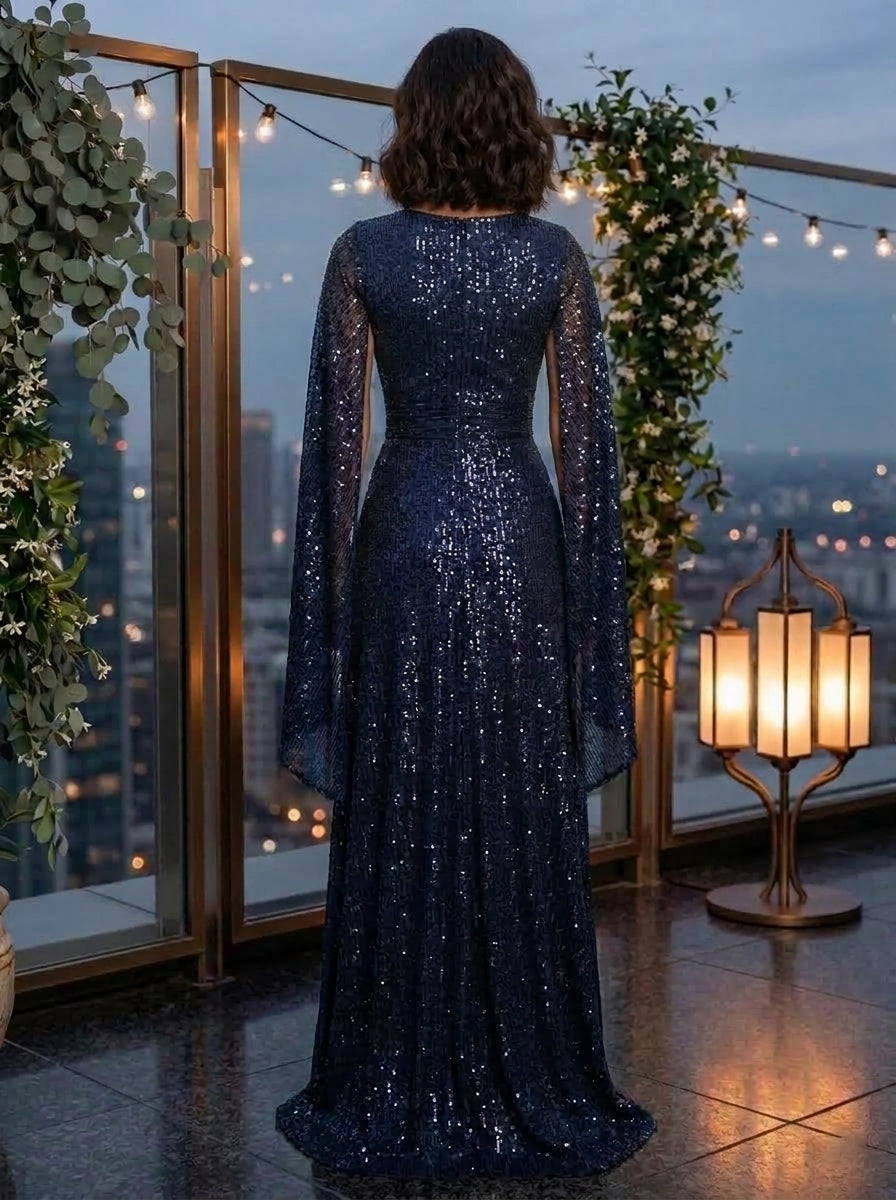 A-Line/Princess V-Neck Sequins Evening Dresses Floor-Length Cape Sleeves Formal Dresses