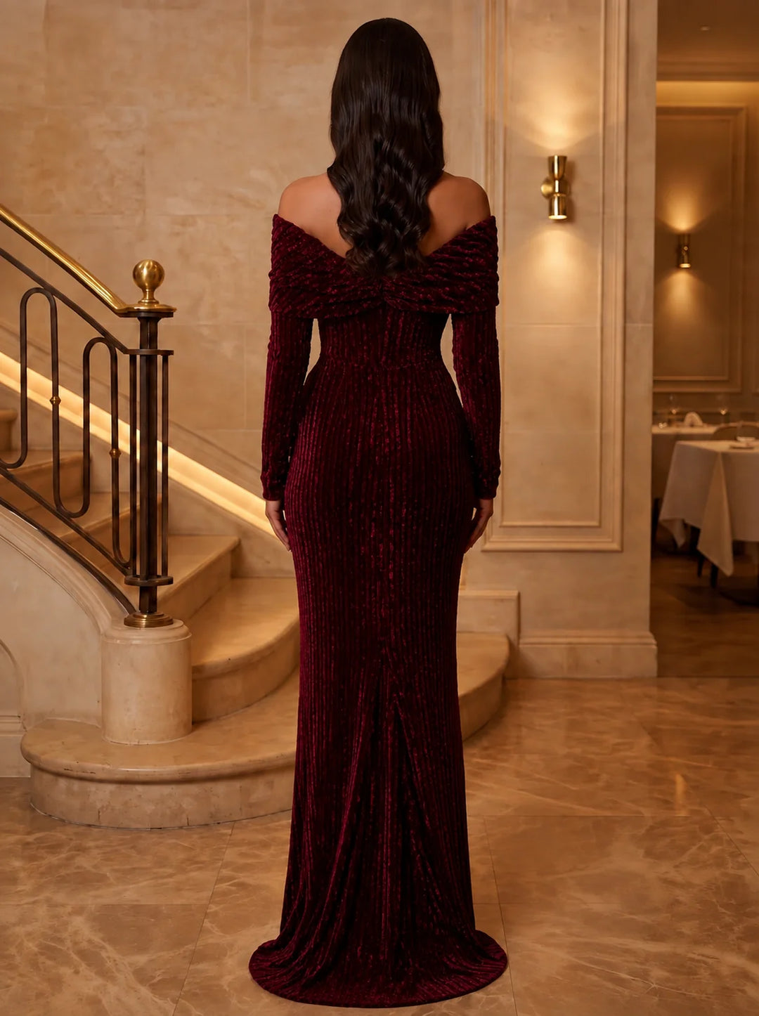 Sheath/Column Off-the-Shoulder Velvet Evening Dresses Floor-Length Long Sleeves Formal Dresses