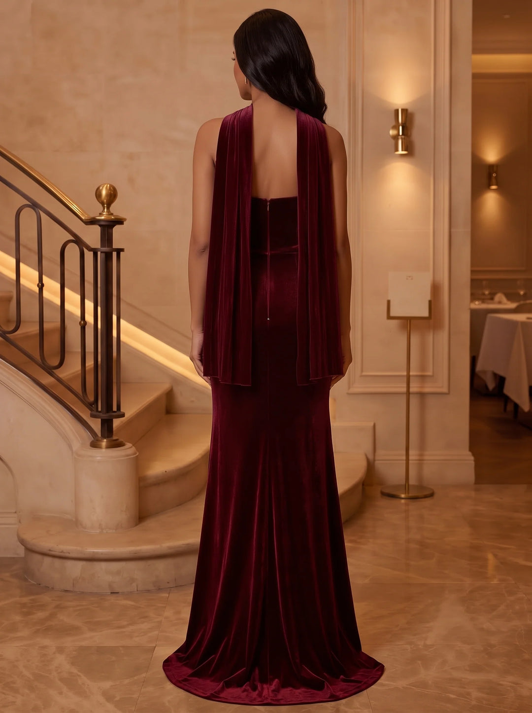 Sheath/Column Strapless Velvet Evening Dresses Floor-Length Sleeveless Formal Dresses Ruched with Scarf
