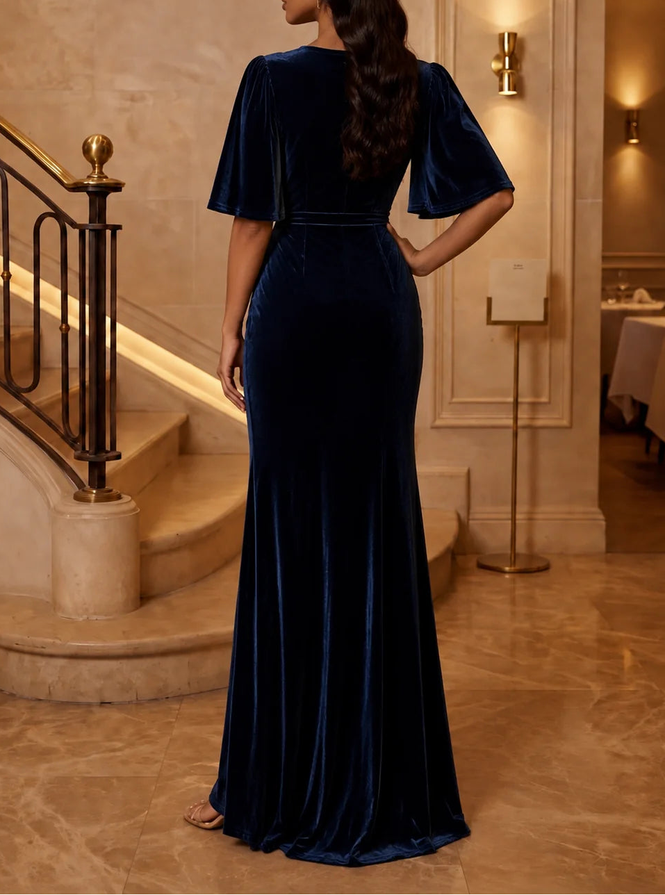 Trumpet/Mermaid V-Neck Velvet Evening Dresses Floor-Length Half Sleeves Formal Dresses Ruched