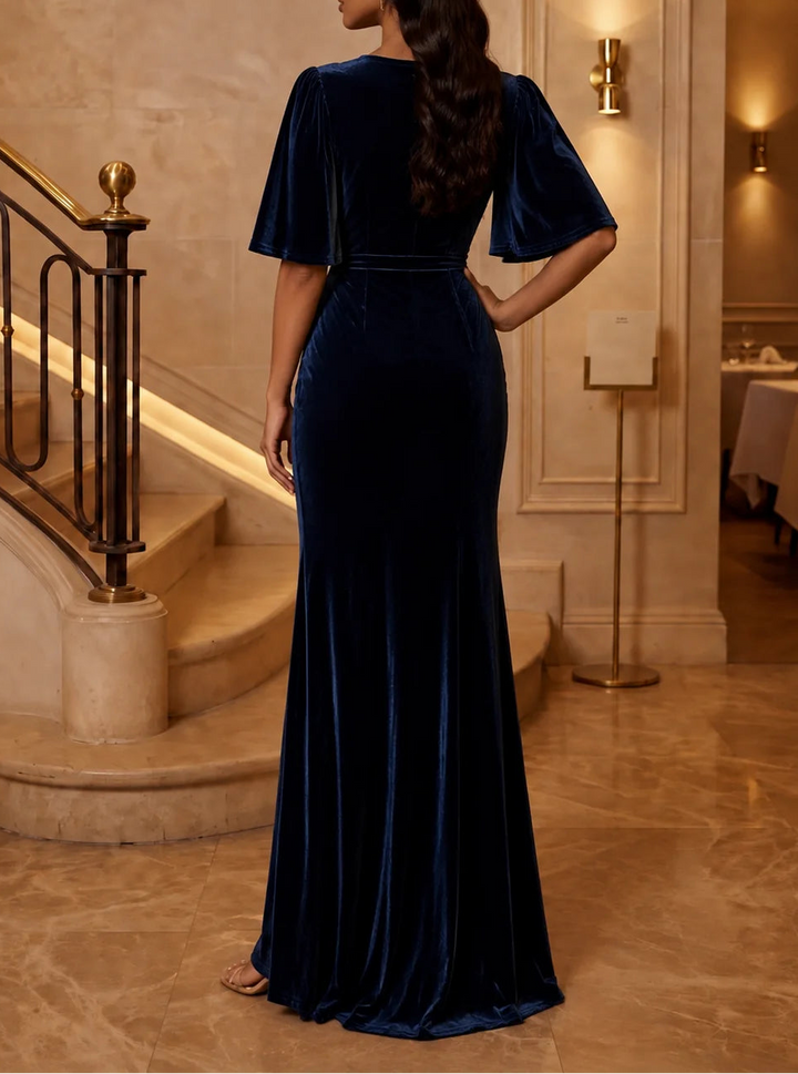 Trumpet/Mermaid V-Neck Velvet Evening Dresses Floor-Length Half Sleeves Formal Dresses Ruched