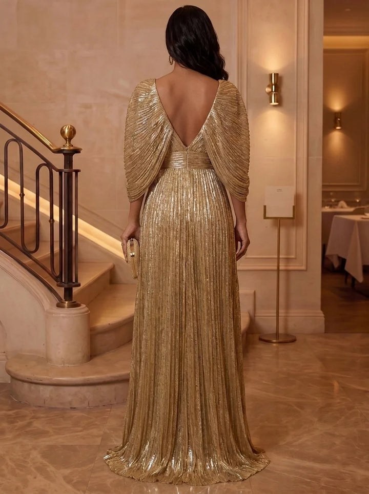 A-Line/Princess V-Neck Sequins Evening Dresses Floor-Length Cape Sleeves  Formal Dresses