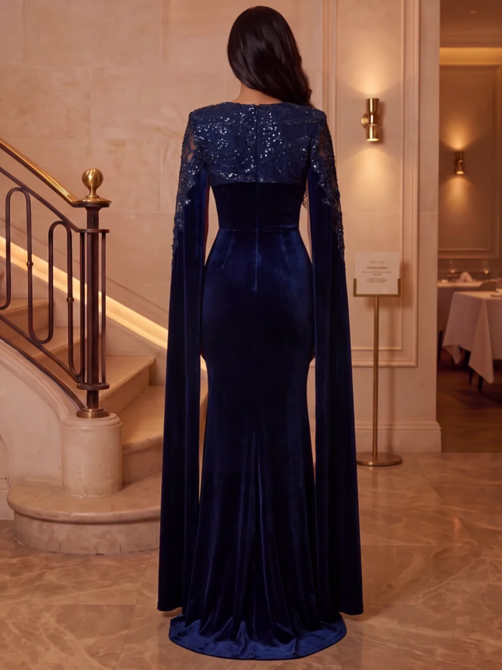 Trumpet/Mermaid V-Neck Velvet Evening Dresses Floor-Length Long Sleeves Formal Dresses Sequins