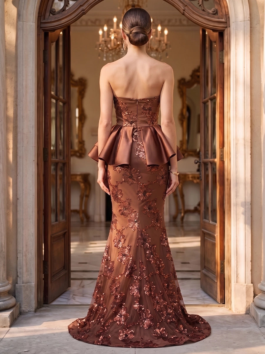 Trumpet/Mermaid Strapless Sequins Evening Dresses Floor-Length Sleeveless With Peplum Formal Dresses