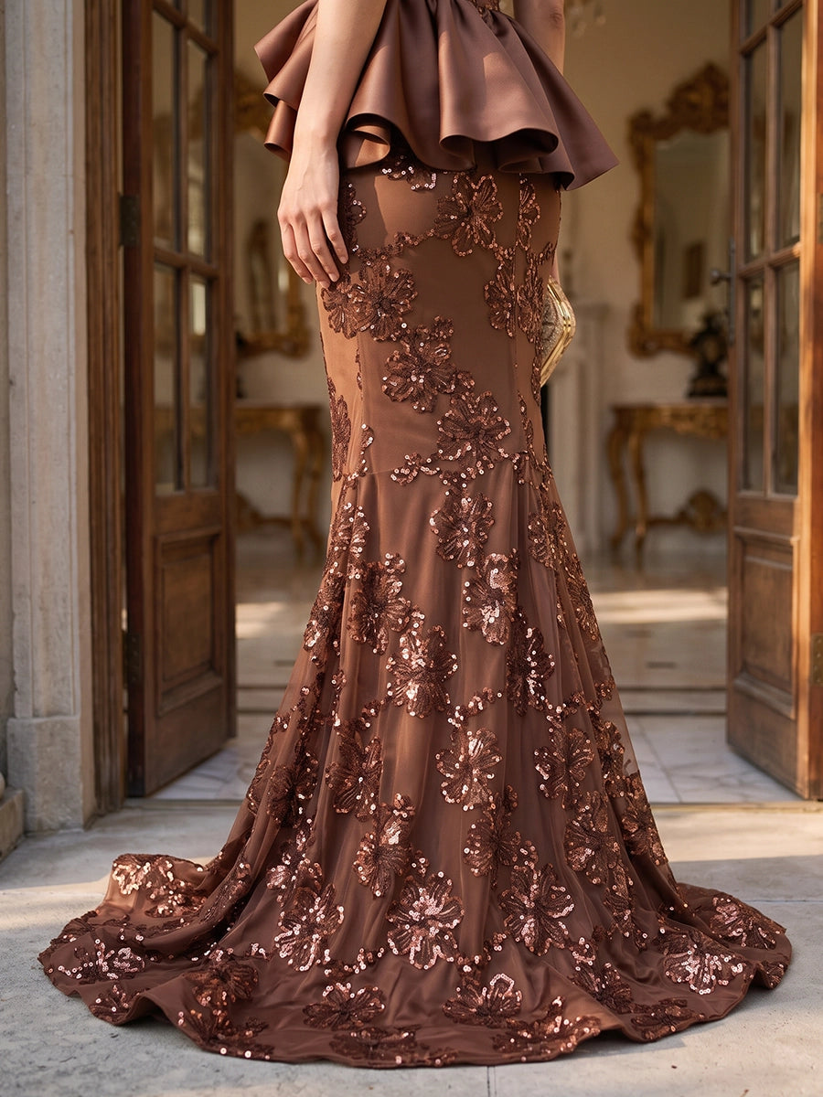 Trumpet/Mermaid Strapless Sequins Evening Dresses Floor-Length Sleeveless With Peplum Formal Dresses