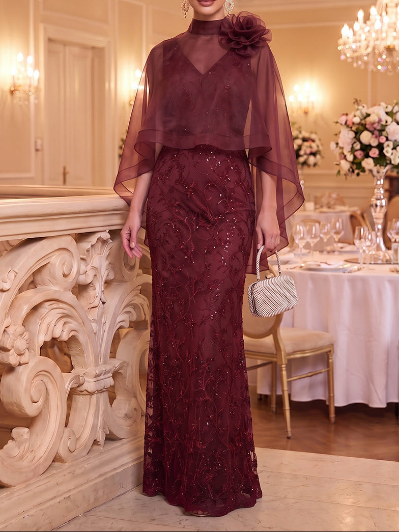 Sheath/Column Halter Sequins Evening Dresses Floor-Length Cape Sleeves With 3D Flower Formal Dresses