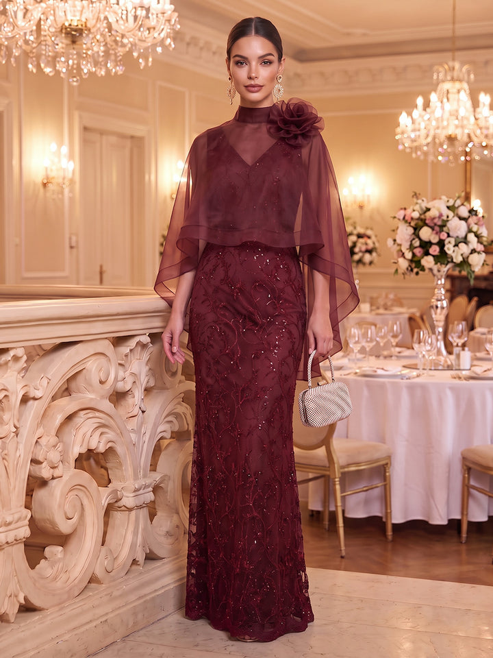 Sheath/Column Halter Sequins Evening Dresses Floor-Length Cape Sleeves With 3D Flower Formal Dresses