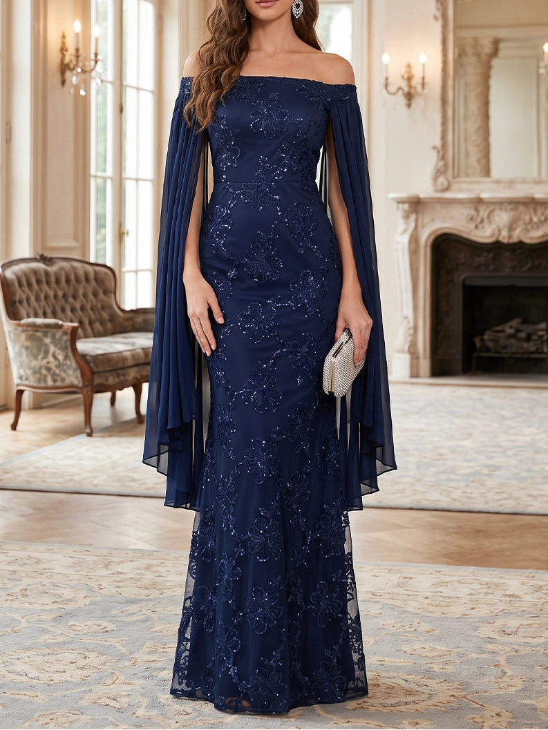Sheath/Column Off-the-Shoulder Sequins Evening Dresses Floor-Length Cape Sleeves Formal Dresses