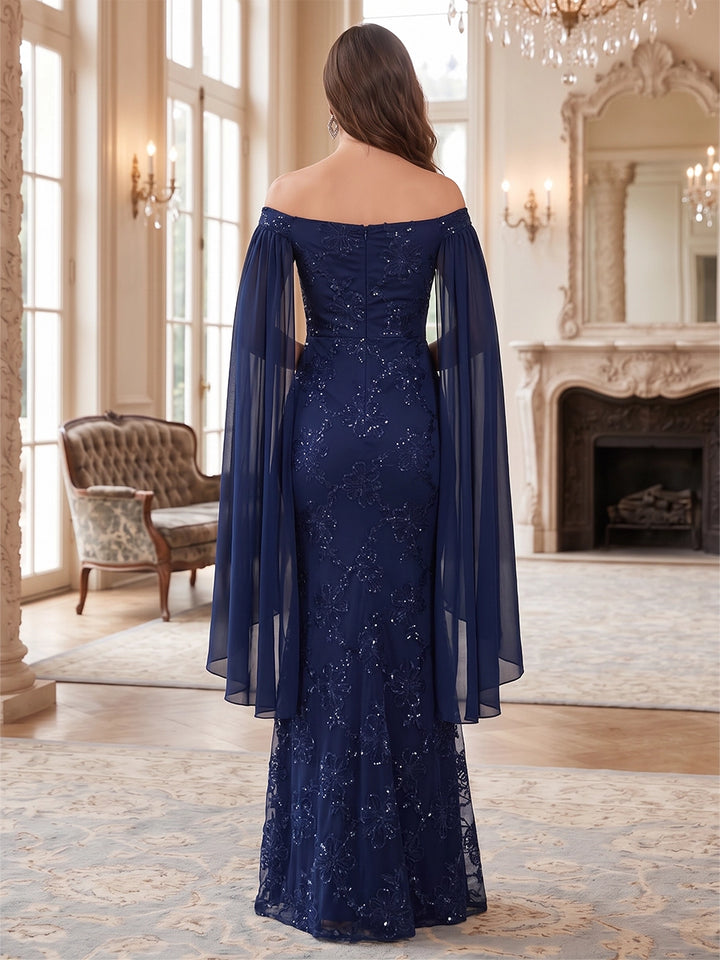 Sheath/Column Off-the-Shoulder Sequins Evening Dresses Floor-Length Cape Sleeves Formal Dresses