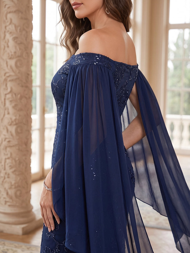 Sheath/Column Off-the-Shoulder Sequins Evening Dresses Floor-Length Cape Sleeves Formal Dresses