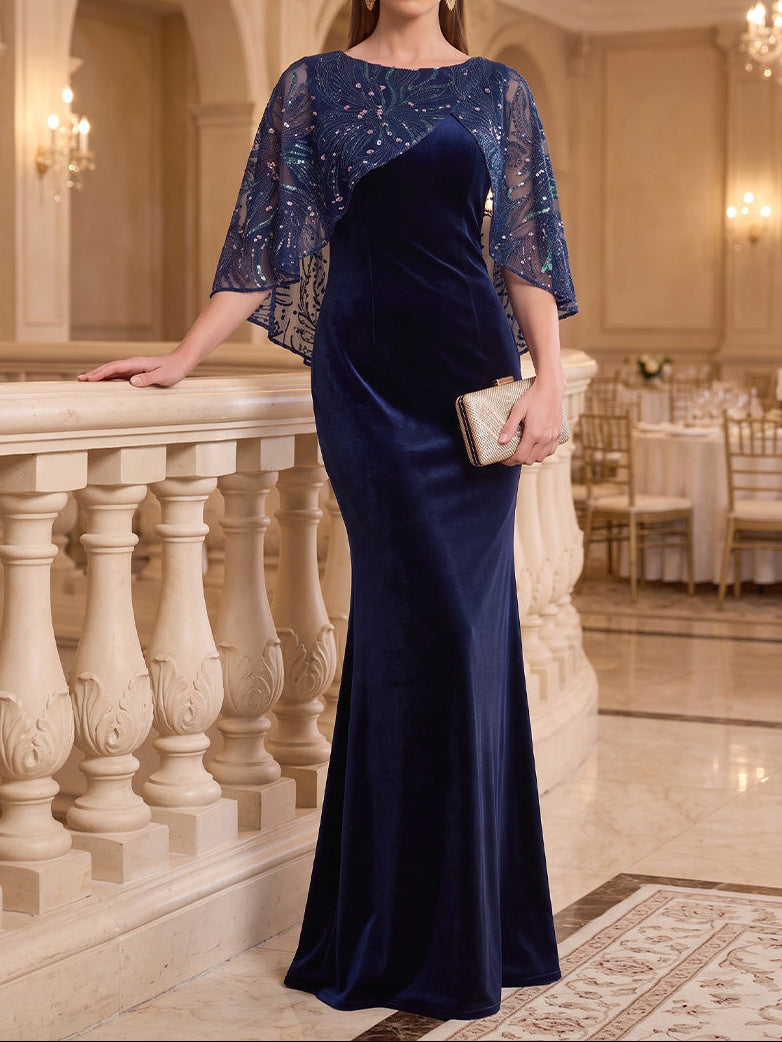 Sheath/Column Boat Neck Velvet Evening Dresses Floor-Length Cape Sleeves Sequins Formal Dresses