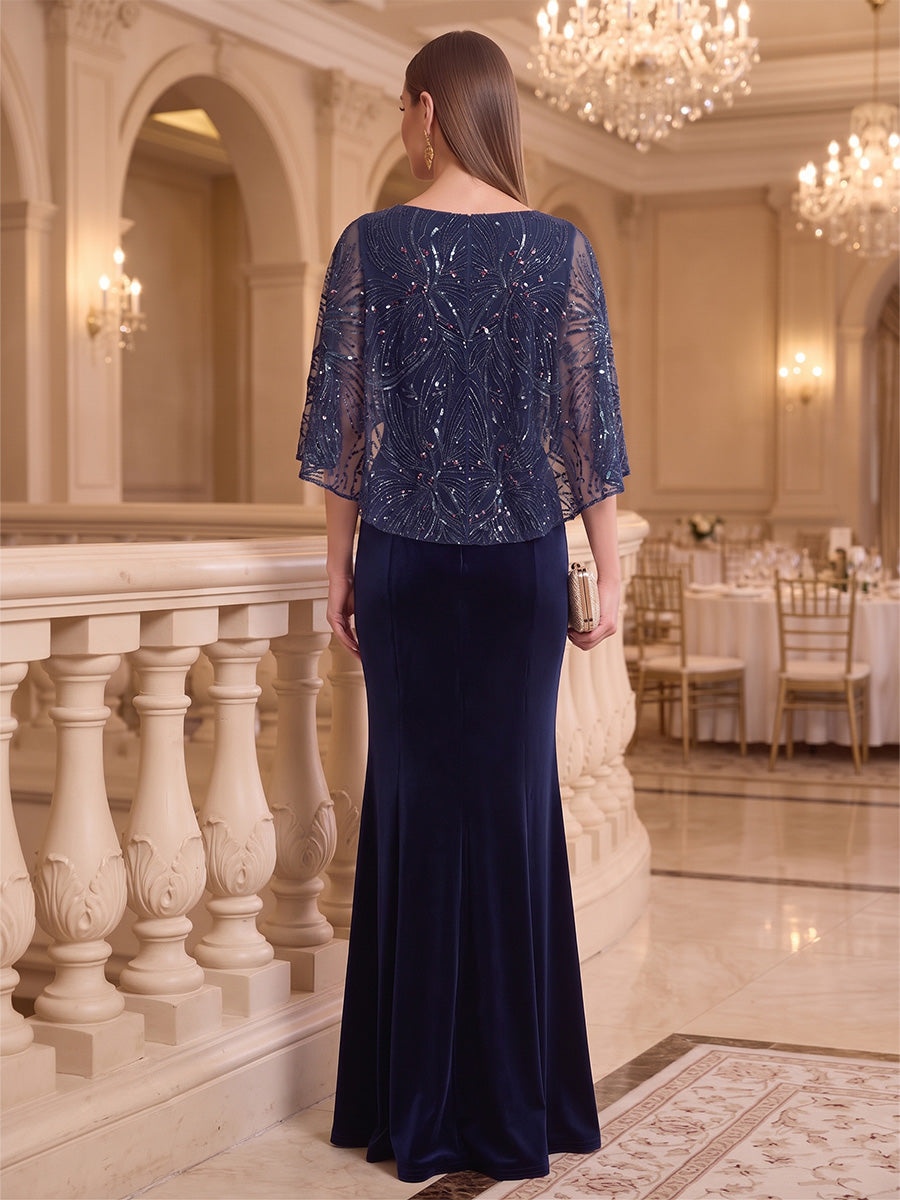 Sheath/Column Boat Neck Velvet Evening Dresses Floor-Length Cape Sleeves Sequins Formal Dresses