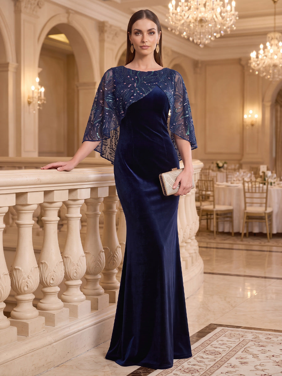 Sheath/Column Boat Neck Velvet Evening Dresses Floor-Length Cape Sleeves Sequins Formal Dresses