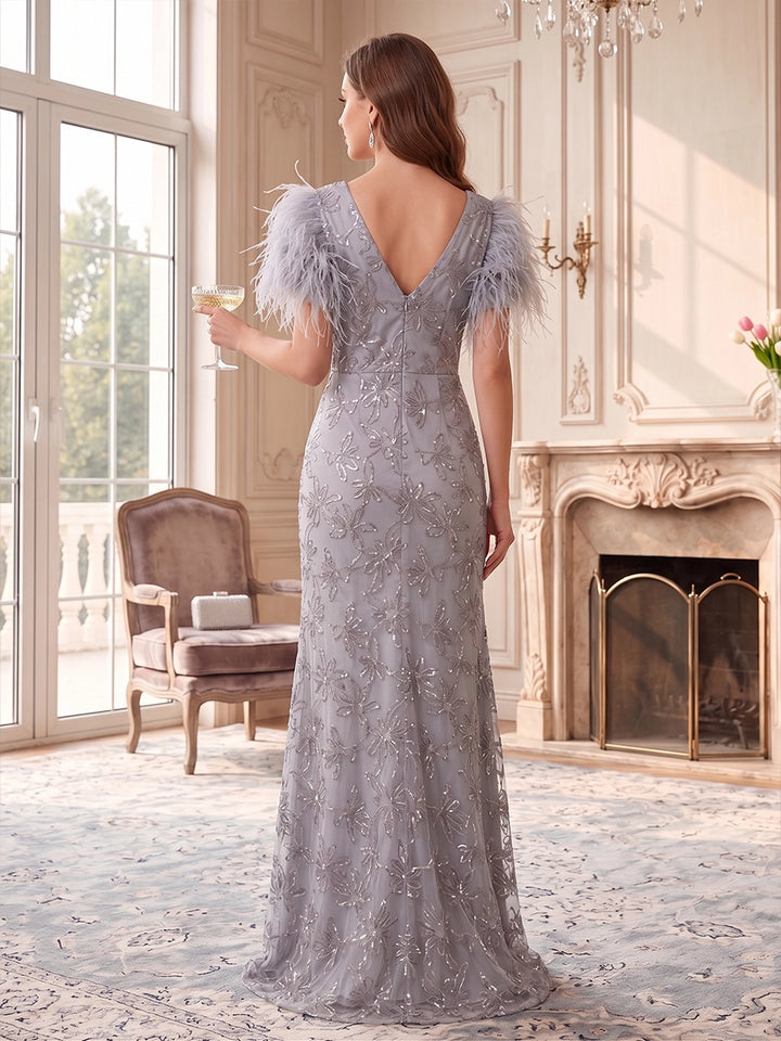 A-Line/Princess V-Neck Formal Dresses Floral Sequins Floor-Length Short Sleeves Evening Dresses Feathers