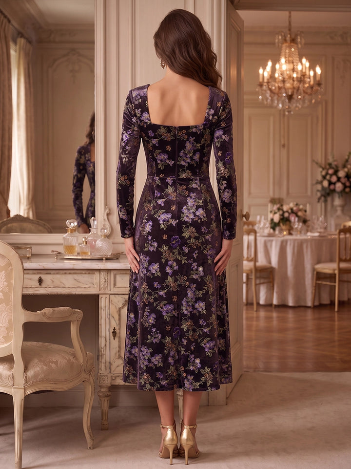 A-Line/Princess Square Collar Velvet Cocktail Dresses Long Sleeves Floral Tea-Length Party Dresses