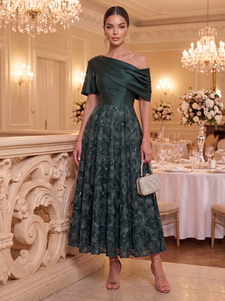 A-Line/Princess One-Shoulder Satin Mother of the Bride Dresses Short Sleeves Floral Tea-Length