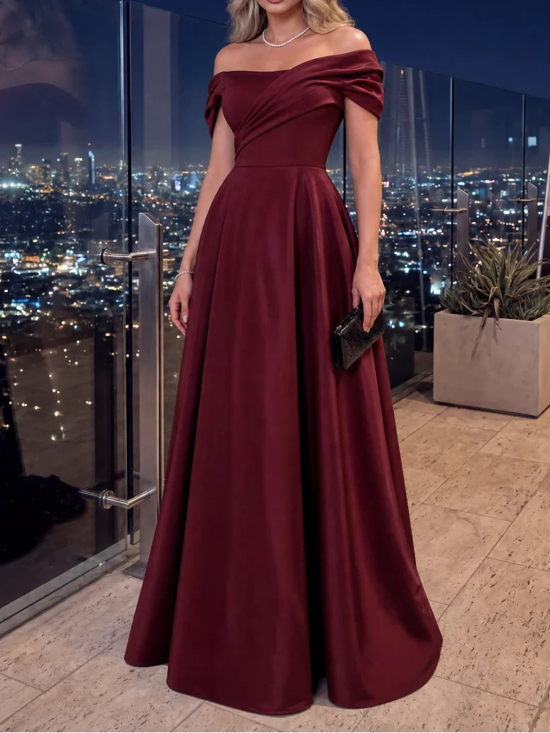 A-Line/Princess Off-the-Shoulder Satin Evening Dresses Floor-Length Sleeveless Formal Dresses
