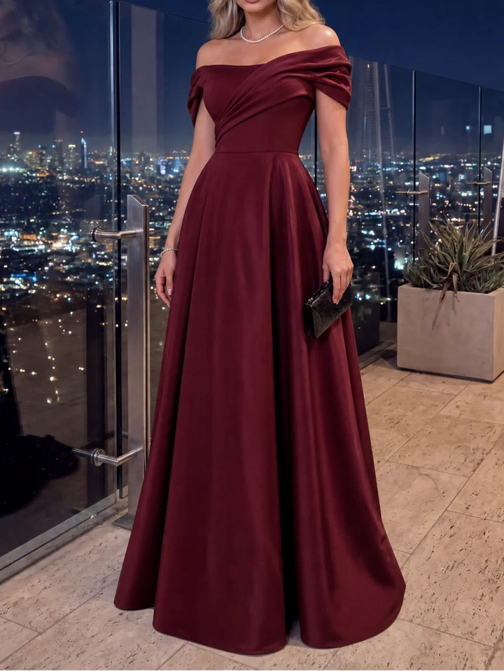 A-Line/Princess Off-the-Shoulder Satin Evening Dresses Floor-Length Sleeveless Formal Dresses