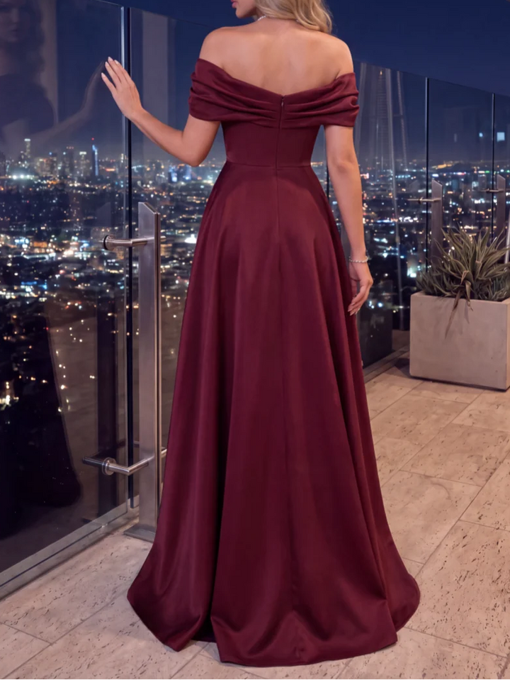 A-Line/Princess Off-the-Shoulder Satin Evening Dresses Floor-Length Sleeveless Formal Dresses