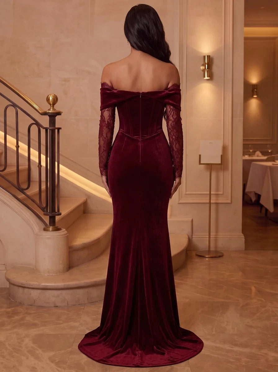 Trumpet/Mermaid Off-the-Shoulder Velvet Evening Dresses Floor-Length Long Sleeves Formal Dresses With Lace