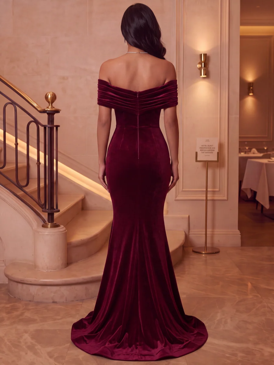 Trumpet/Mermaid Off-the-Shoulder Velvet Evening Dresses Floor-Length Sleeveless Formal Dresses With Sweep Train
