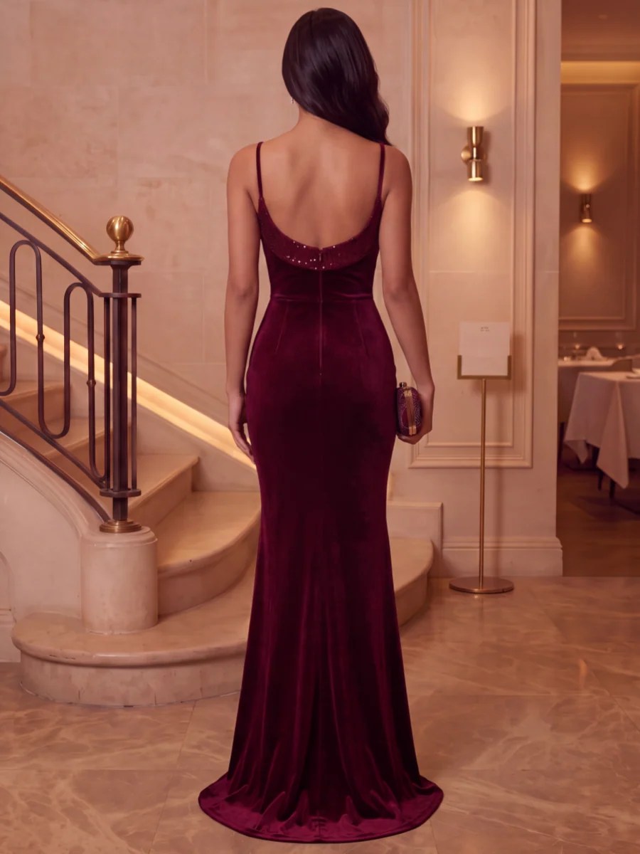 Trumpet/Mermaid Spaghetti Straps Velvet Evening Dresses Floor-Length Sleeveless Sequins Formal Dresses