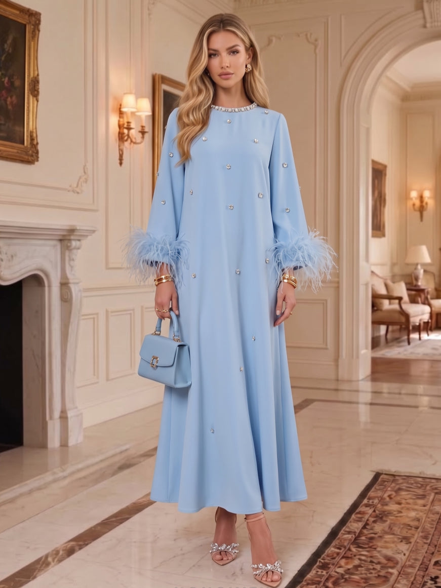 A-Line/Princess Jewel Neck Stretch Satin Formal Dresses with Feathers Ankle-Length Rhinestone Long Sleeves Evening Dresses