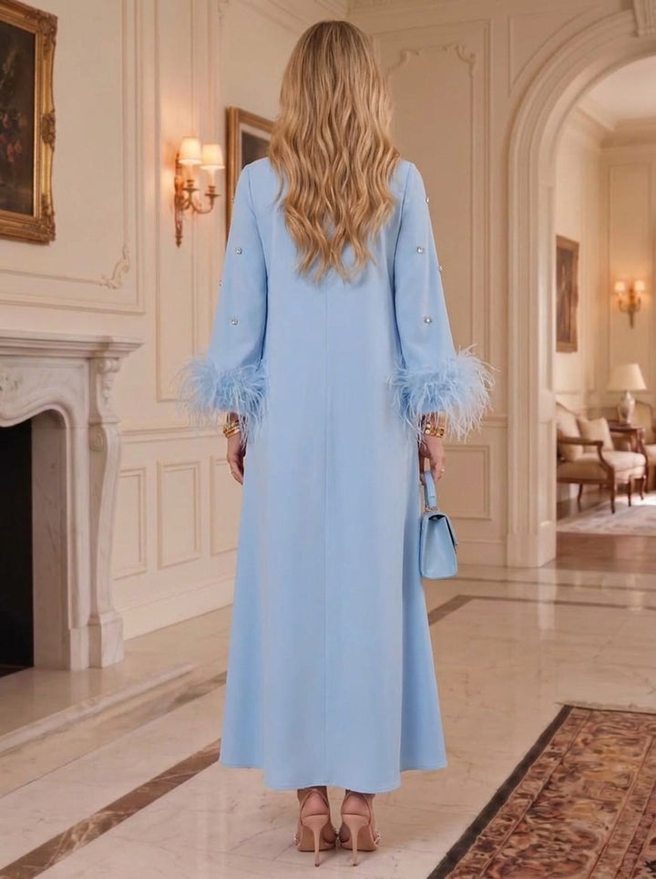 A-Line/Princess Jewel Neck Stretch Satin Formal Dresses with Feathers Ankle-Length Rhinestone Long Sleeves Evening Dresses