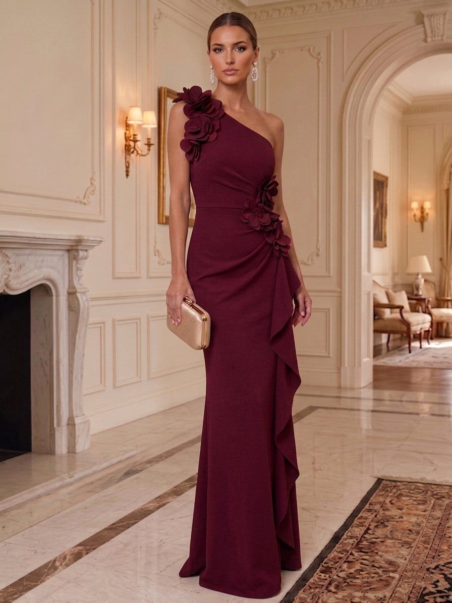 Sheath/Column One-Shoulder Stretch Satin Formal Dresses with 3D Flowers Floor-Length Ruffles Sleeveless Evening Dresses