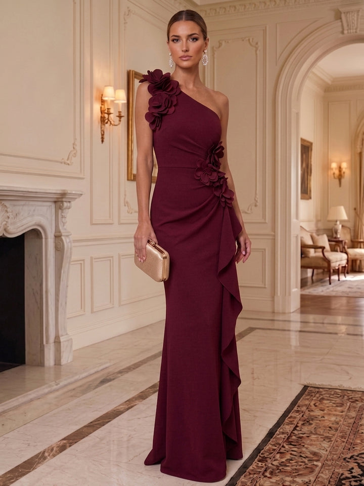 Sheath/Column One-Shoulder Stretch Satin Formal Dresses with 3D Flowers Floor-Length Ruffles Sleeveless Evening Dresses