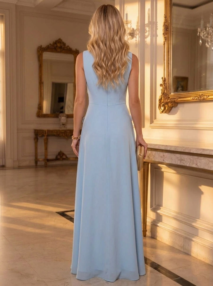 A-Line/Princess Cowl Neck Chiffon Formal Dresses with 3D Flowers Floor-Length Sleeveless Ruffles Evening Dresses