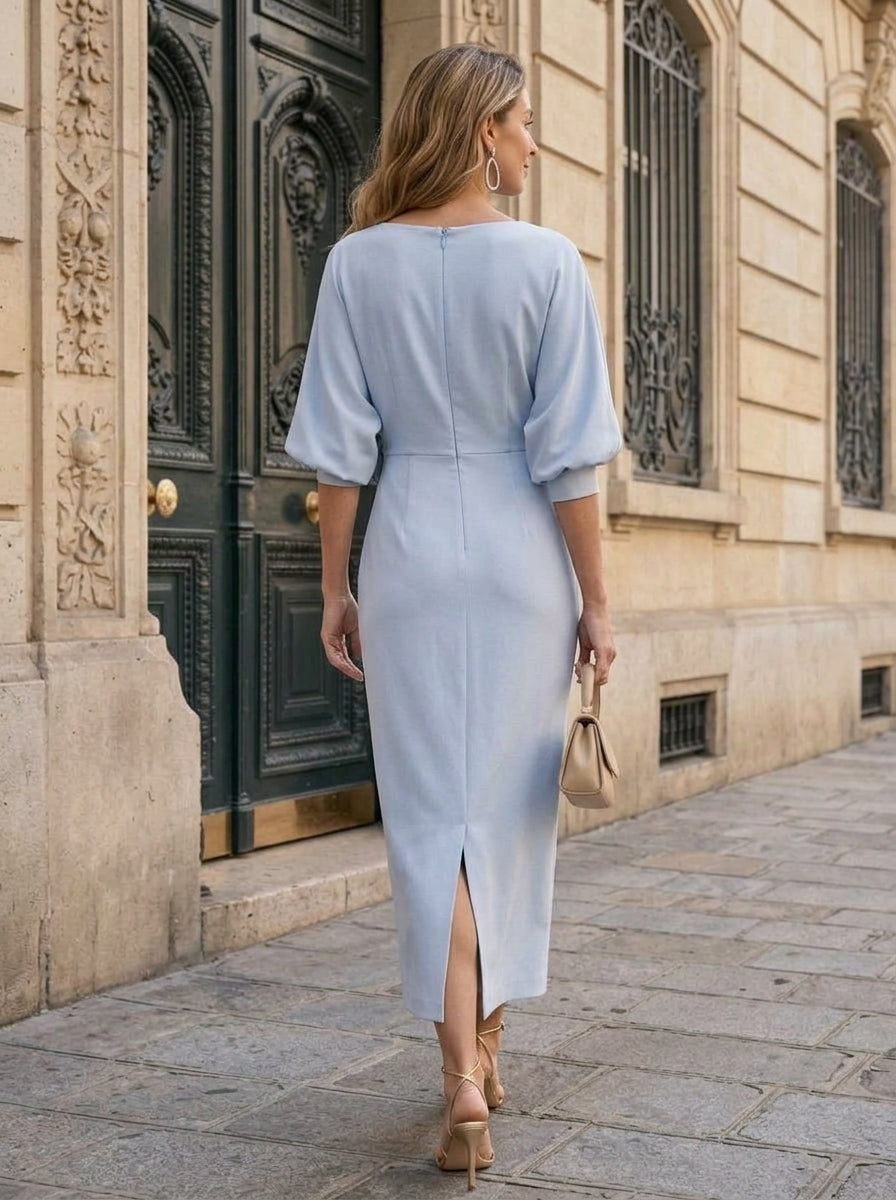 Sheath/Column Boat Neck Satin Cocktail Dresses with 3D Flower 3/4 Sleeves Tea-Length Party Dresses