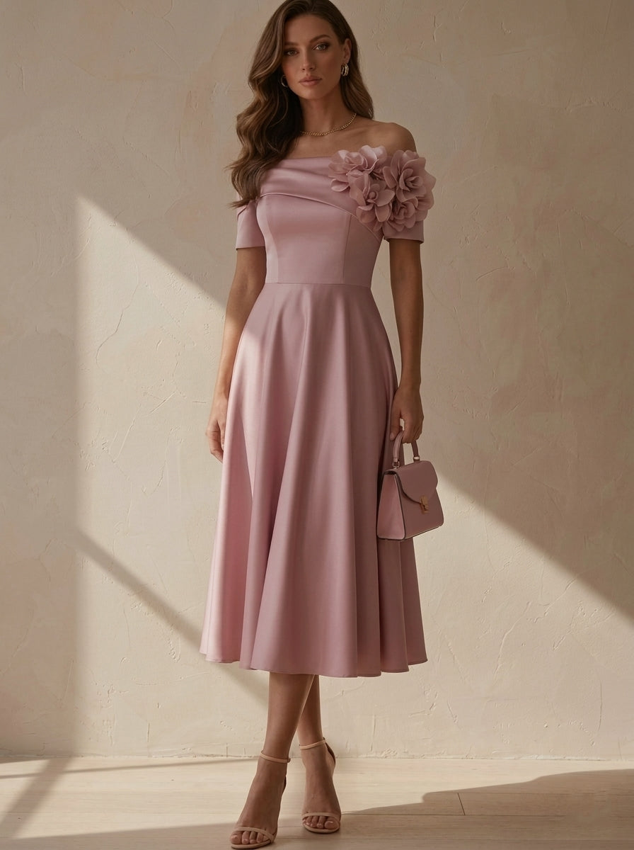 A-Line/Princess Off-the-Shoulder Satin Cocktail Dresses with 3D Flowers Short Sleeves Tea-Length Party Dresses
