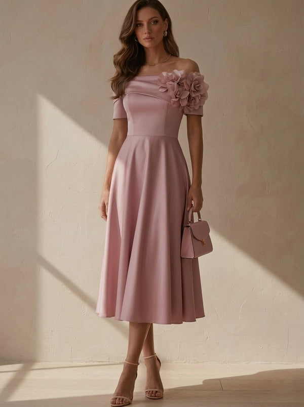 A-Line/Princess Off-the-Shoulder Satin Cocktail Dresses with 3D Flowers Short Sleeves Tea-Length Party Dresses