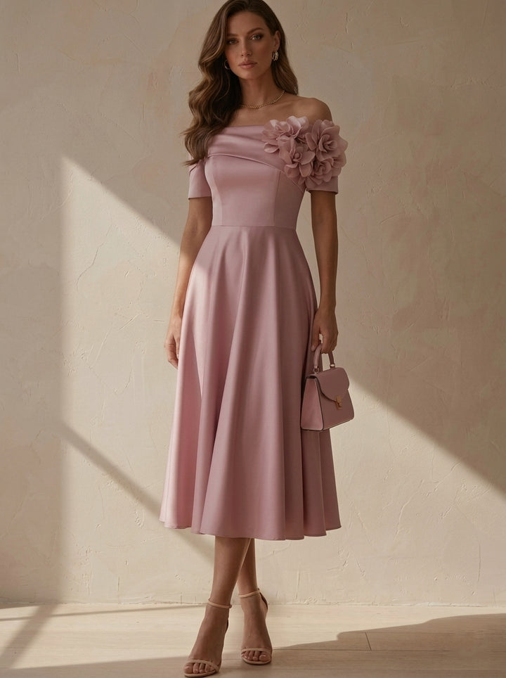 A-Line/Princess Off-the-Shoulder Satin Cocktail Dresses with 3D Flowers Short Sleeves Tea-Length Party Dresses
