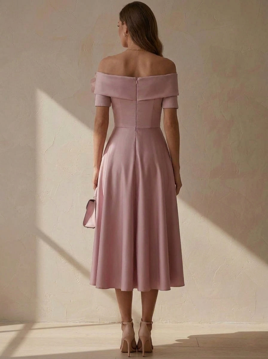 A-Line/Princess Off-the-Shoulder Satin Cocktail Dresses with 3D Flowers Short Sleeves Tea-Length Party Dresses