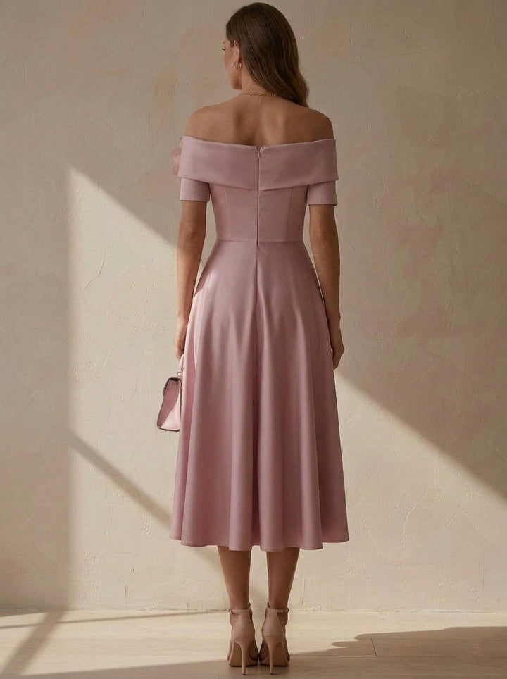 A-Line/Princess Off-the-Shoulder Satin Cocktail Dresses with 3D Flowers Short Sleeves Tea-Length Party Dresses