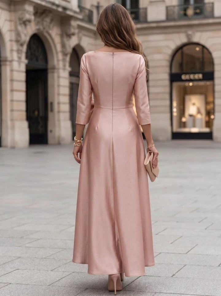A-Line/Princess Boat Neck Satin Cocktail Dresses with Bowknot 3/4 Sleeves Asymmetrical Ankle-Length Party Dresses