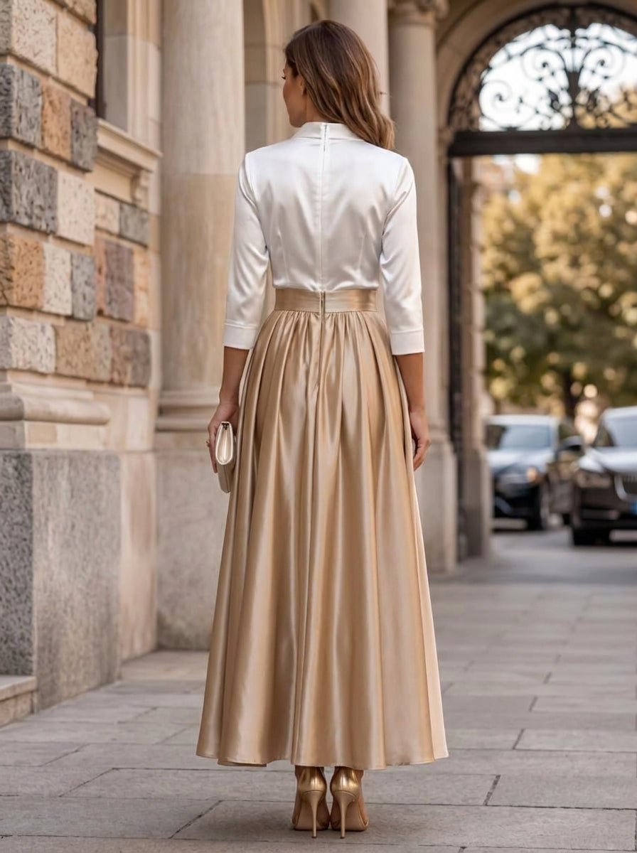 A-Line/Princess V-Neck Satin Cocktail Dresses 3/4 Sleeves Pleated Ankle-Length Party Dresses