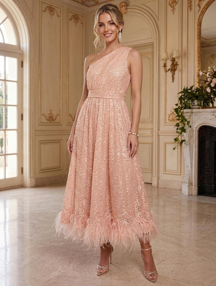 A-Line/Princess One-Shoulder Sequins Cocktail Dresses with Feathers Sleeveless Tea-Length Party Dresses