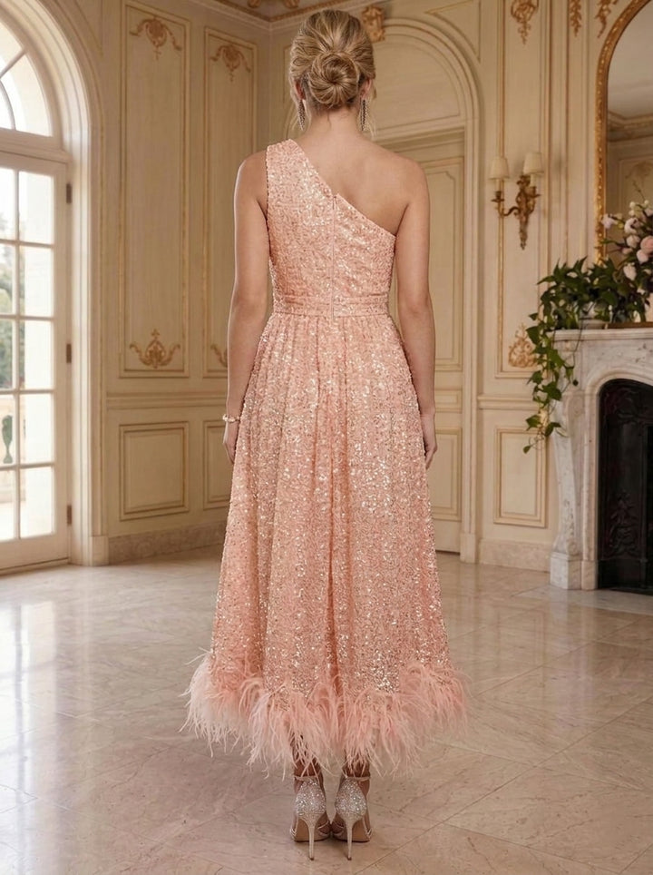A-Line/Princess One-Shoulder Sequins Cocktail Dresses with Feathers Sleeveless Tea-Length Party Dresses