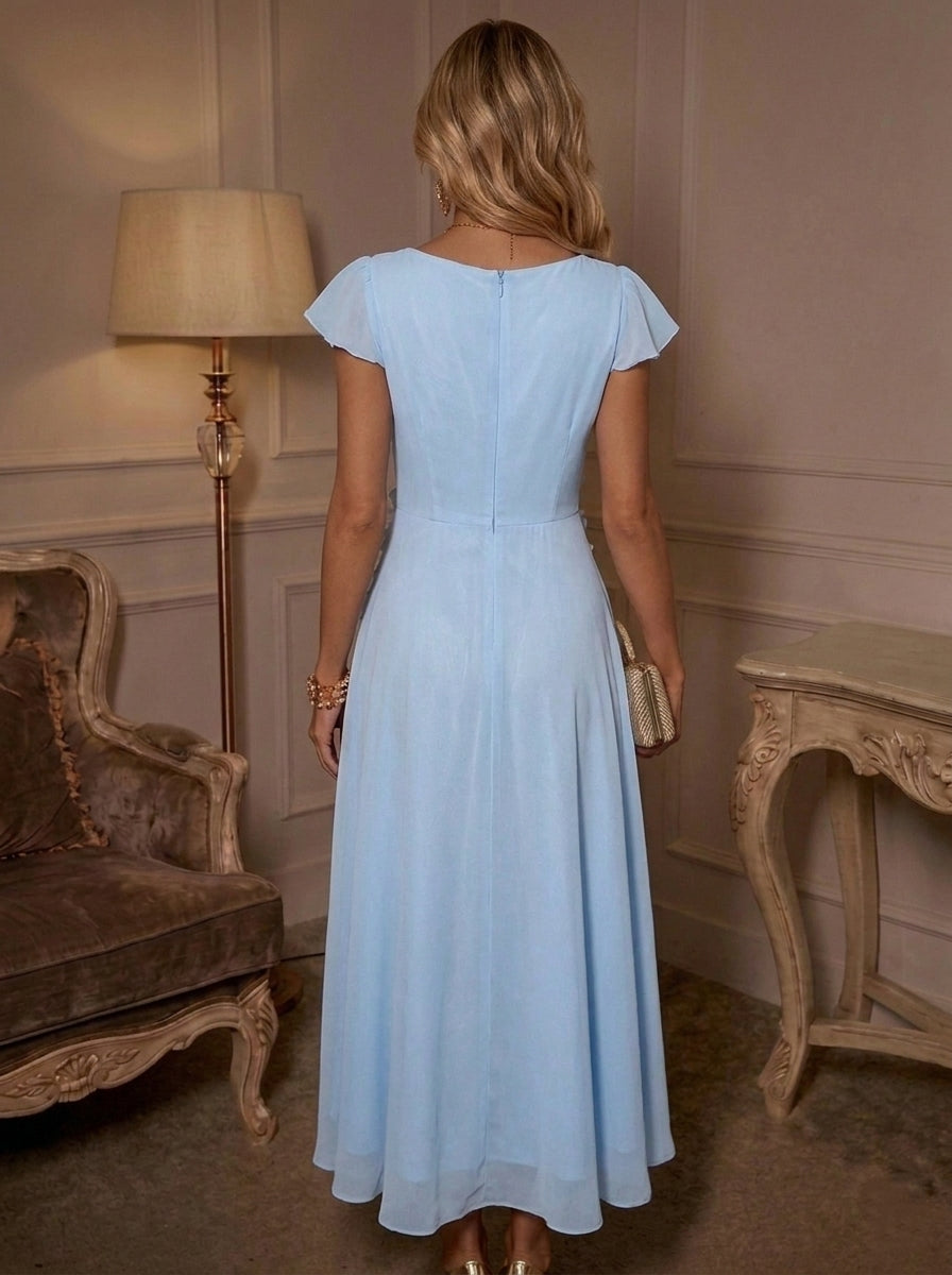 A-Line/Princess Cowl Neck Chiffon Cocktail Dresses with 3D Flowers Cap Sleeves Tea-Length Party Dresses