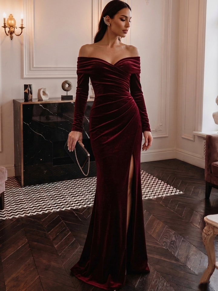 Trumpet/Mermaid Off-the-Shoulder Velvet Evening Dresses with Split Side Floor-Length Long Sleeves Formal Dresses