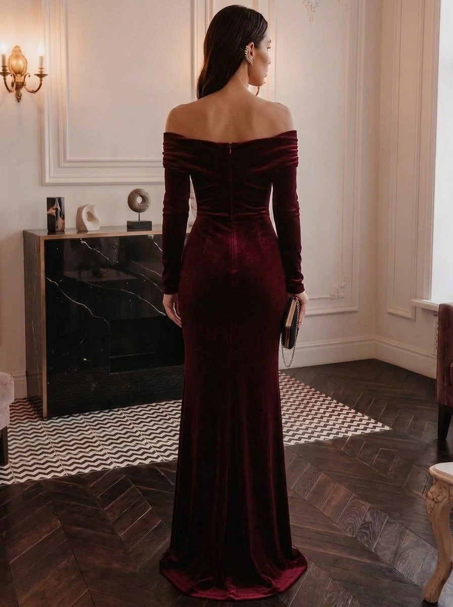 Trumpet/Mermaid Off-the-Shoulder Velvet Evening Dresses with Split Side Floor-Length Long Sleeves Formal Dresses