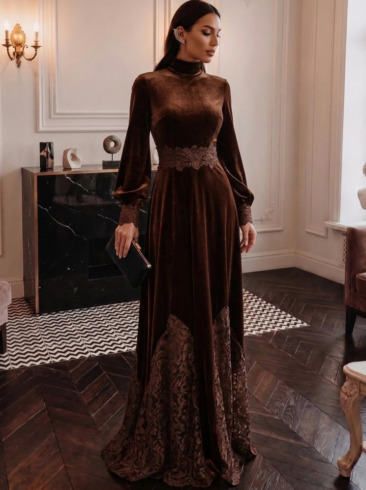 A-Line/Princess Mock Neck Velvet Evening Dresses Lace Floor-Length Long Sleeves Formal Dresses