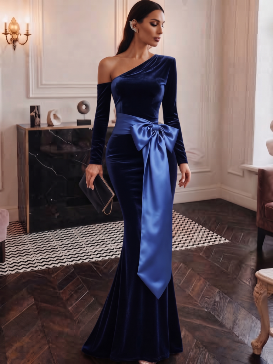 Trumpet/Mermaid One-Shoulder Velvet Evening Dresses with Bowknot Floor-Length Long Sleeves Formal Dresses
