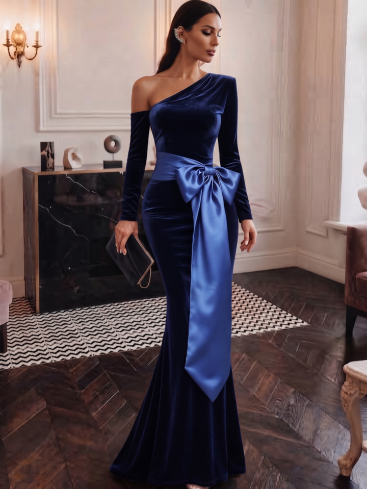Trumpet/Mermaid One-Shoulder Velvet Evening Dresses with Bowknot Floor-Length Long Sleeves Formal Dresses