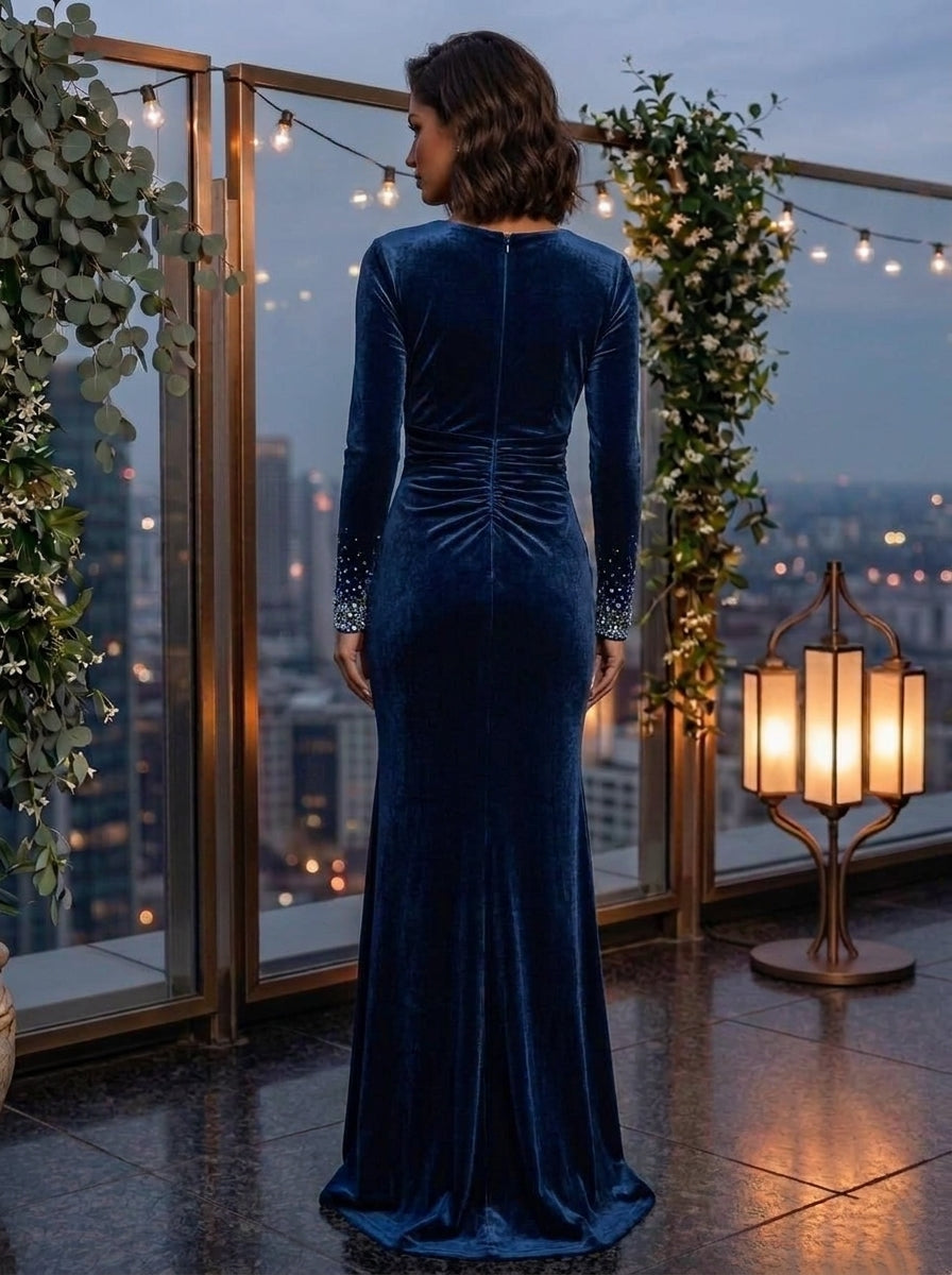 Sheath/Column V-Neck Velvet Evening Dresses Floor-Length Long Sleeves Rhinestone Formal Dresses Ruched